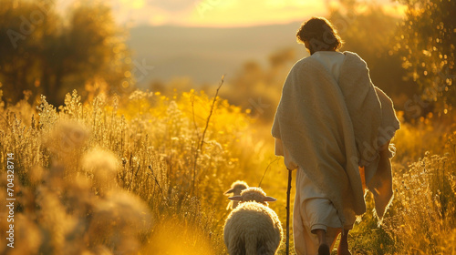 The Good Shepherd: A symbolic representation of Jesus as the Good Shepherd, tenderly caring for his flock with love and guidance