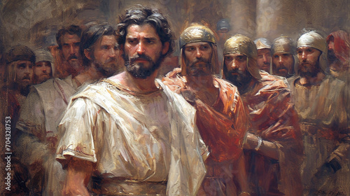 Trial Before Pontius Pilate: A powerful depiction of Jesus standing before Pontius Pilate, navigating the intense trial and the weight of divine purpose