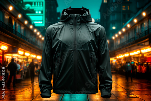 Mockup of black waterproof jogging jacket on neon street light background