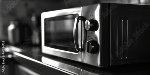 A black and white photo of a microwave on a counter. Suitable for kitchen appliance or home interior concepts