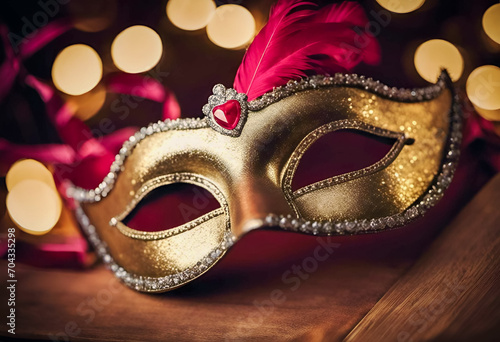 Elegant golden masquerade mask with red gemstone on a bokeh light background.