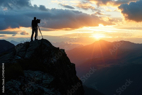 A man stands on top of a mountain, holding a camera. This picture can be used to represent adventure, travel, and capturing beautiful moments in nature