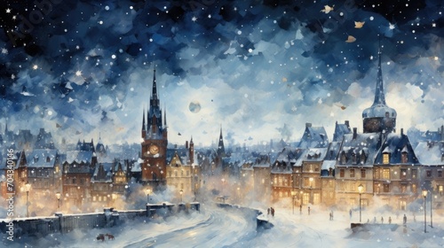 Medieval town with a snowy background - european architecture painting - cozy wallpaper