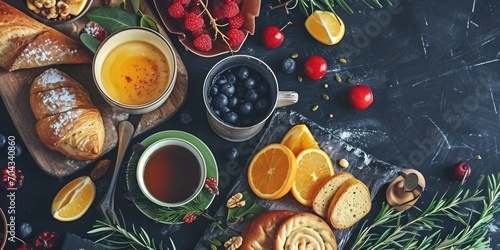 A table adorned with a variety of delicious croissants, juicy oranges, and fresh berries. Perfect for showcasing a delightful breakfast or brunch spread