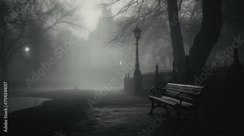 evening in the park - bench and lamp near college building - black and white spooky dark academia landscape