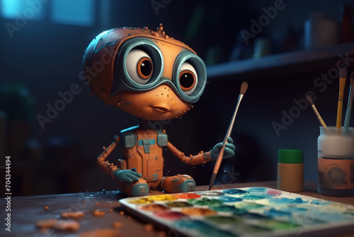 A cute funny cartoon robot tries to paint with oil paints. Generative AI.