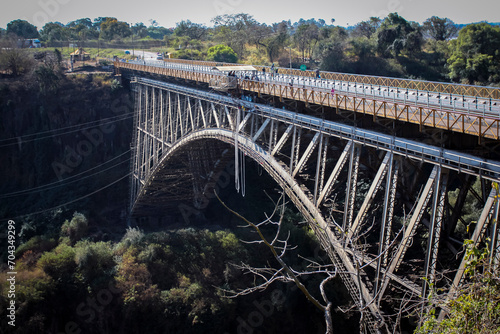 View of the arched bridge of Victoria Falls over the Zambezi River.