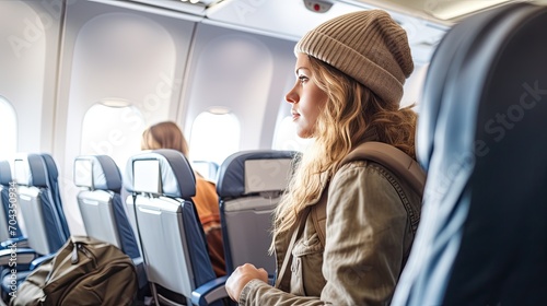 The airplane interior is well-lit, and passengers settle into their seats,white female finds her assigned seat, stows her backpack, and looks out the window, ready for the adventure that await