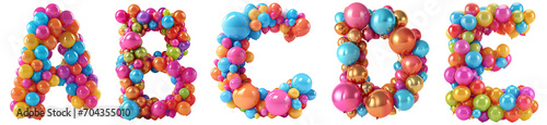 Group of 3d rendering letters A B C D E made of colorful balloons. Funny alphabet isolated on transparent background.