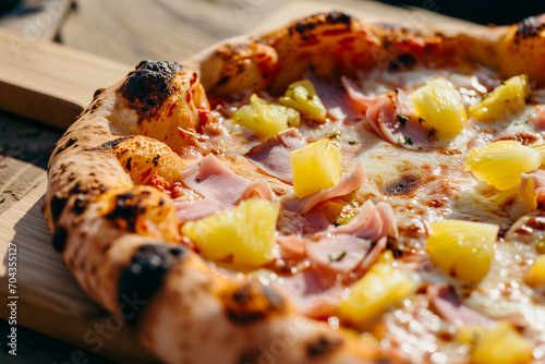 Neapolitan pizza with pineapple and ham. Hawaii neapolitan closeup