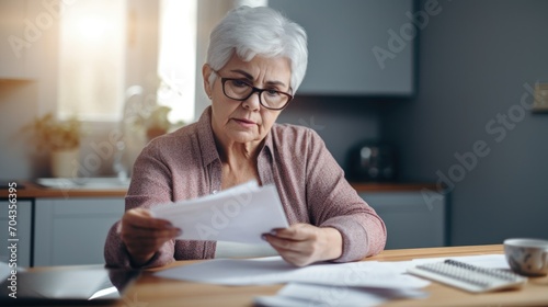 Focused middle aged businesswoman manager employee entrepreneur reading paper documents, analyzing financial report, reviewing economic data, considering problem solution alone at modern home office.