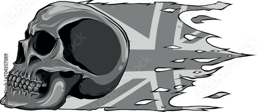 monochromatic illustration of UK flag with skull