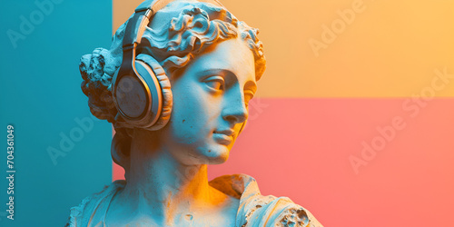 Statue of Apollo with headphones on a pink background, generative ai