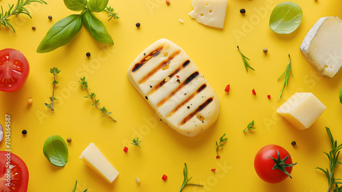 Different types of cheese including grilled goat cheese, tomatoes, herbs, spices, on isolate bright yellow background, flat lay. Mediterranean diet concept. Food top view pattern.