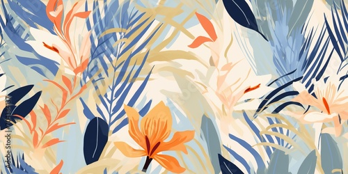 vibrant tropical flowers and leaves seamless pattern