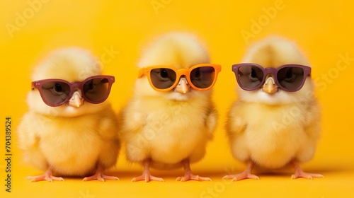 three lovely little baby chicks with oversized sunglasses on yellow background