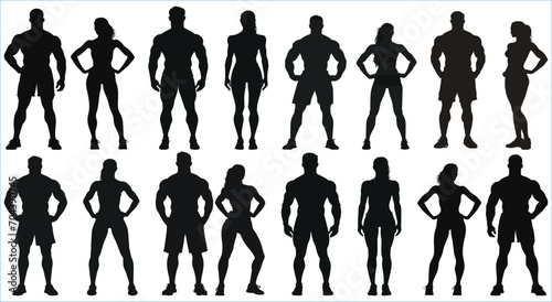 Bodybuilder man and woman silhouette set, Body builder flexing and lifting weights, Man and woman standing vector silhouette set