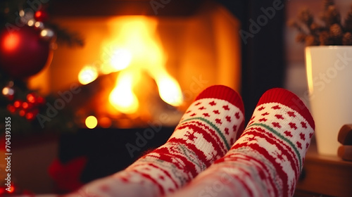 feet in woollen socks by the Christmas fireplace. Close up on feet. Winter and Christmas holidays concept