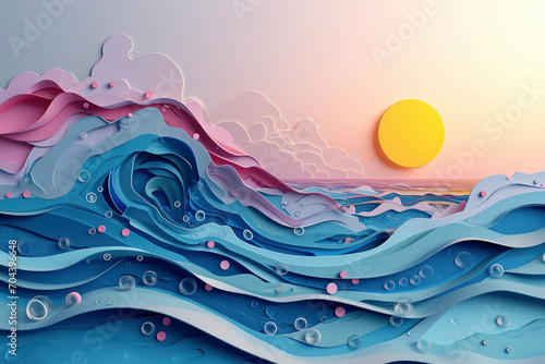 Abstract paper art, sea or sea waves and beach, summer background with seacoast.