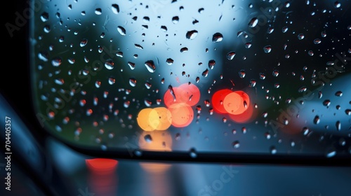 Car mirror in rainy day serenity. Abstract raindrops on window. Lonely day