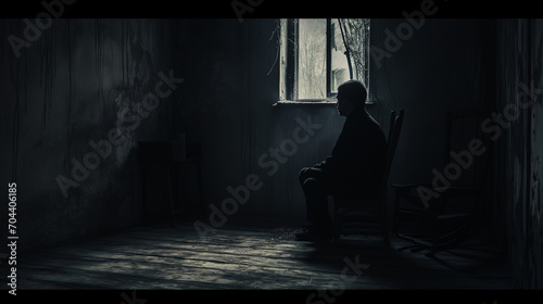 Dark, black room with open window, Alone man sitting in chair 