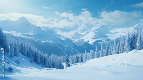 Breathtaking winter panorama featuring snow-capped mountains and pine trees under a clear blue sky.