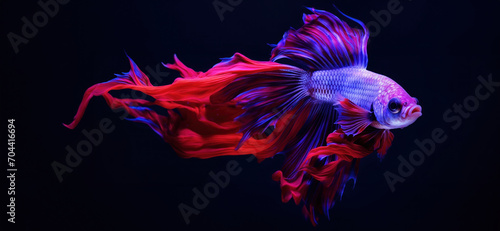A vibrant banner with Betta fish with flowing red and blue fins glides elegantly through dark waters.