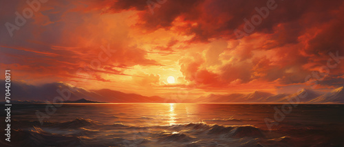 Depict a sunset during a heat wave, exaggerating the warm tones and giving the impression that the sky itself is ablaze with the intensity of the sun's rays