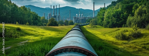Old oil or gas transportation pipe through the green grassy field to the power plant
