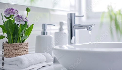 Clean White Bathroom Interior with Sink Basin Faucet, Flower in Weave Pot, Soap and Ceramic Mug. Modern Design of Bathroom