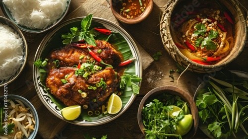Vietnamese food, kakoto or fish cooked with dipping sauce, caramelized fish, Asian food