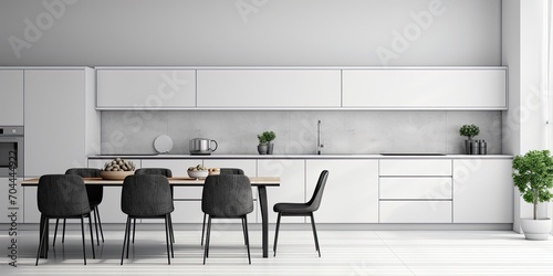 Stylish monochrome kitchen with minimalist dining set.