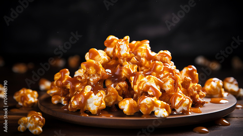 homemade caramel popcorn on wooden plate