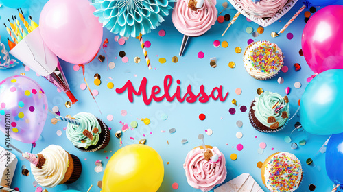 Melissa, girls name, flat lay with birthday cupcakes
