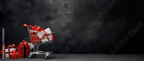 shopping cart with many gift boxes on dark background, Black Friday concept, discount and sale.