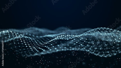 Abstract glitter particles in dark space. Network data transfer concept. 3D rendering.