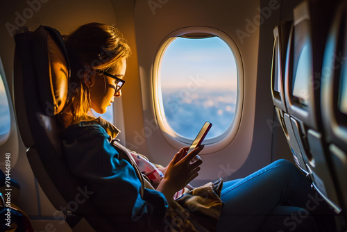 Young woman sitting with phone on the aircraft seat near the window during the flight in the airplane.- Generative AI.