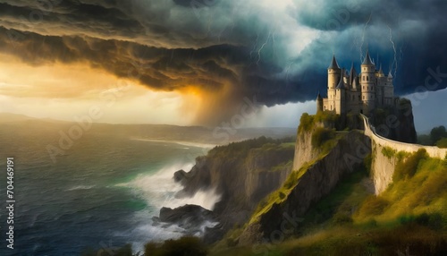 a storm brewing over a castle on a cliff fantasy concept illustration painting