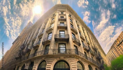 new york city historic apartment building panoramic view with windows and fire escapes