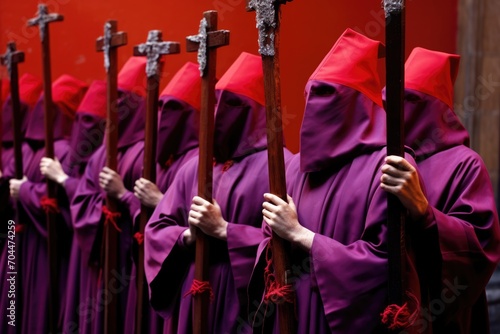 Holy Week , group of penitents holding a cross dresses with vivid colors.