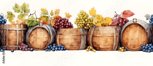 Wine barrels in a row are covered with grapes, seamless border pattern, artistic watercolor illustration for shop web banner, printable for cards, poster or gift wrapping paper
