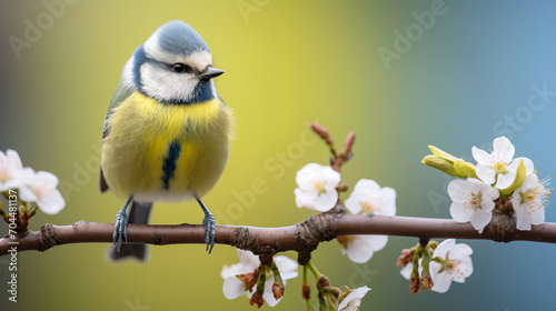close-up of a blue tit sitting on a branche with fresh blossoms. bird perched on a branch in spring