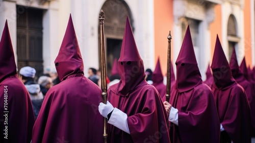 Holy Week , group of penitents holding a cross dresses with vivid colors 