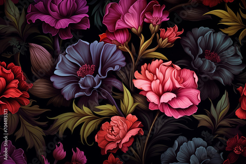 Multicolor flowers and leaves on dark background with floral design wallpaper 