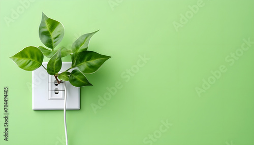 Green outlet or wall socket and power cord with fresh leaves top view. Renewable and saving energy, eco and natural resources concept