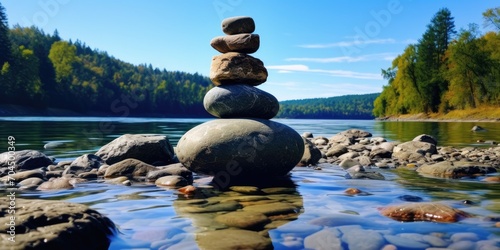 A Precisely positioned stack of river rocks, in the Willamette River