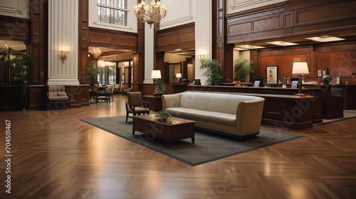 Interior of a luxury hotel lobby. Comfortable furniture and spacious living spaces for guests. 