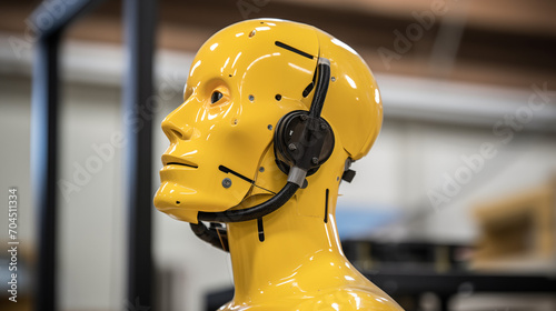 side view shot of the head and shoulders of a crash test dummy