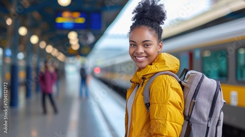 Happy young tourist African American woman with backpack at the modern train station.