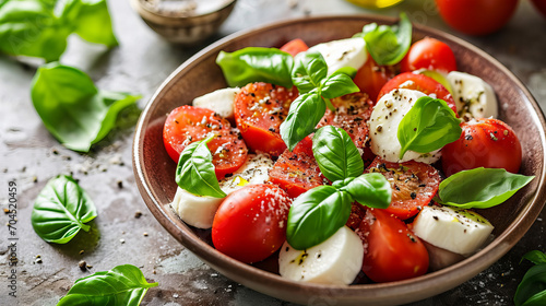 salad with slices of tomatoes and mozzarella with basil and olive oil, sprinkled with some spices